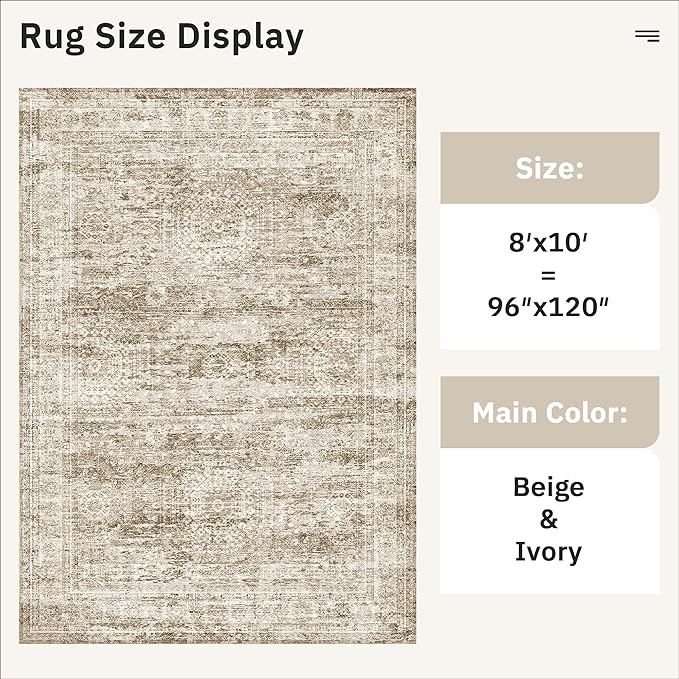 Washable Area Rug 8x10, Large Soft Rugs for Living Room Vintage Area Rugs for Bedroom Dining Room Non-Slip Stain Resistant Brown Under Table Rug