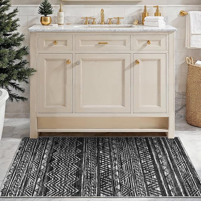 3x4 Washable Entryway Area Rug: Moroccan Small Runner Rug for Hallway Soft Modern Non Slip Door Mat with Rubber Backing Low Pile Thin Floor Carpet for Kitchen Bathroom Bedroom Indoor 3x4 Black