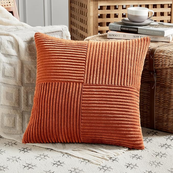 Fancy Homi Set of 2 Burnt Orange Decorative Throw Pillow Covers 20x20 Inch for Living Room Couch Bed, Boho Farmhouse Fall Home Decor, Soft Corss Corduroy Patchwork Textured Cushion Case 50x50 cm