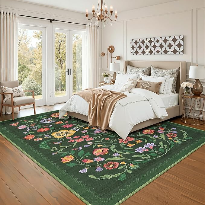 Washable Rug 9x12 Area Rugs for Living Room, Protea Floral Rug for Bedroom, Soft Vintage Non Slip Throw Rugs with Rubber Back, Low Pile Stain Resistant Boho Floral Carpet for Dining Room, Forest Green