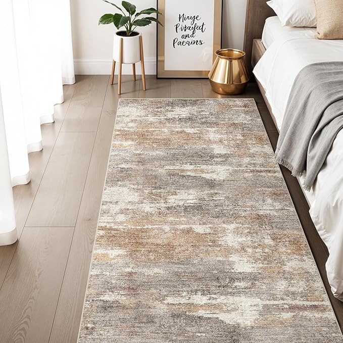 3x6 Washable Kitchen Runner Rug: Modern Abstract Runners for Hallway Soft Non Slip Rugs with Rubber Backing Low Pile Thin Floor Carpet for Entryway Bedroom Bathroom Bedside Indoor(Brown/Brick,3x6)