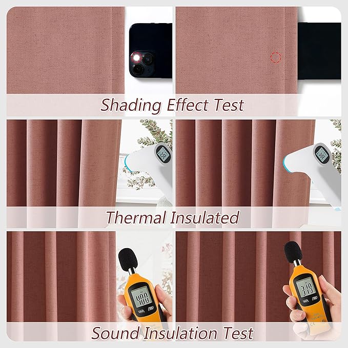 Dusty Rose 100% Blackout Linen Curtains 102 Inch Length 2 Panels Set for Girls Bedroom Back Tab Thermal Insulated Black Out Drapes Room Darkening Farmhouse Style for Bedroom Window Curtains 52x102