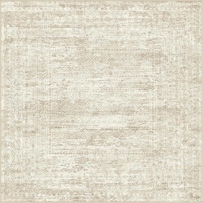 UERMEI Square Area Rugs : Washable 6x6 Neutral Modern Abstract Carpet for Living Room Bedroom - Soft Floor Mat with Non Slip Backing for Kitchen Nursery Dorms Farmhouse Home Decor - Beige/Brown