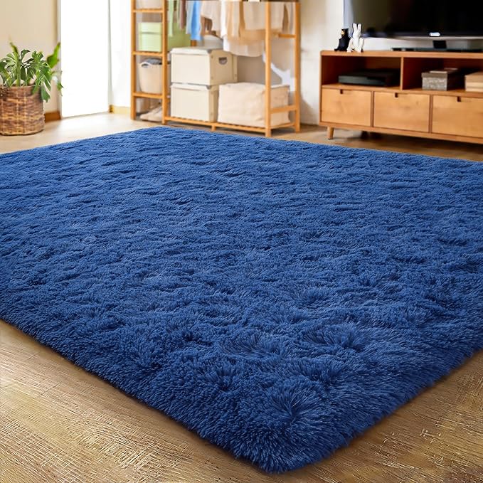 LOCHAS Ultra Soft Indoor Modern Area Rugs Fluffy Living Room Carpets for Children Bedroom Home Decor Nursery Rug 4x5.3 Feet,Light Navy