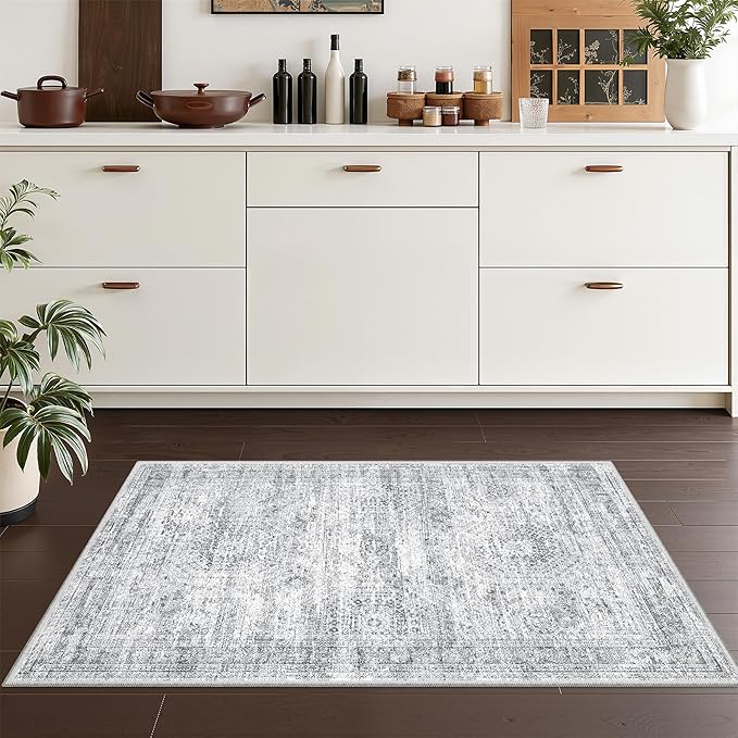 2x3 Washable Rug Runner for Bathroom, Soft Entryway Rug for Laundry Room, Kitchen, Vintage Abstract Hallway Runner for Bedroom, Anti-Slip Door Mat Indoor Entrance(2'x3', Grey/Ivory)