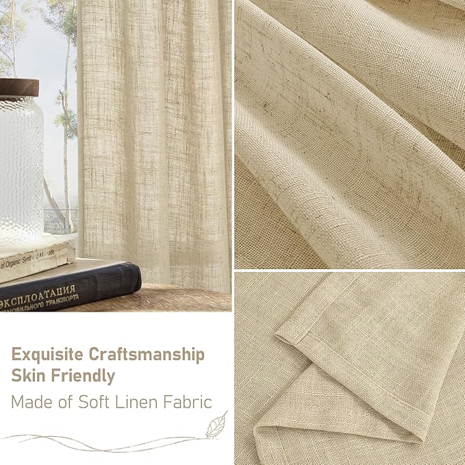 LAMIT Natural Linen Curtains for Living Room, 80 inch Length Light Filtering Semi Sheer Drapes Back Tab and Rod Pocket Farmhouse Panels for Bedroom, 2 Panels, Linen, 34 x 80 Inch