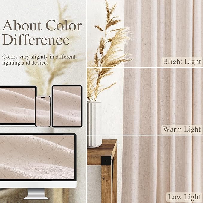 Nanspring Natural White Linen Curtains 102 Inches Long for Living Room Light Filtering Farmhouse Decor Curtains Back Tab Neutral Privacy Sheer Curtain for Bedroom Office 52x102, 2 Panels