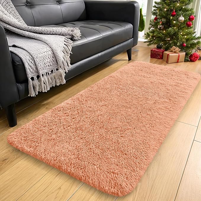 OLANLY 2x5 Machine Washable Runner Rugs for Hallway, Soft Fluffy Shaggy Bedside Rugs for Bedroom, Living Room, Indoor Floor Carpet for Kids Girls and Boys, Home Decor Aesthetic, Muted Orange