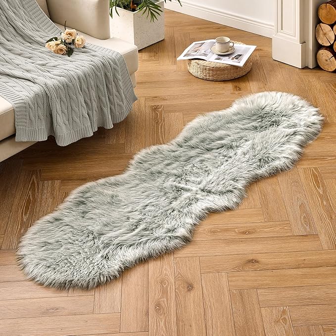 MIULEE Luxury Super Soft Fluffy Area Rug Faux Fur Sheepskin Rug Decorative Plush Shaggy Carpet for Bedside Sofa Floor Nursery 2 x 6 Feet, Light Grey