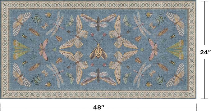 Dusty Blue Bathroom Rug 2x4 - Aqua Blue Rug for Entryway Indoor Entrance, Kitchen Floor, Washable Low Pile Stain & Fade Resistant, Waterproof Insect Floral Decor