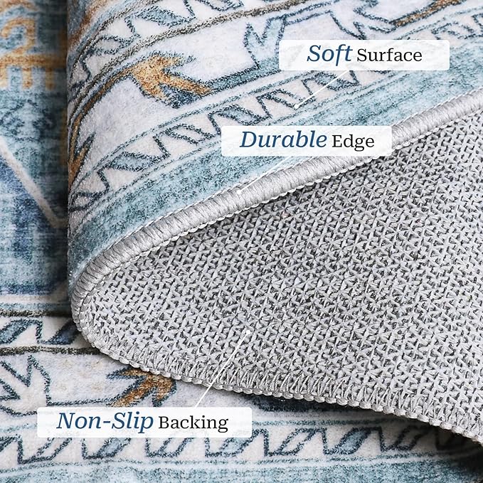 Madane Runner Rug 2'6''x8' Kitchen Runner, Hallway Runner Printed Vintage Washable Rugs Soft Non-Slip Low Pile Runners for Hallways Laundry Room Distressed Carpet, Blue/Gold