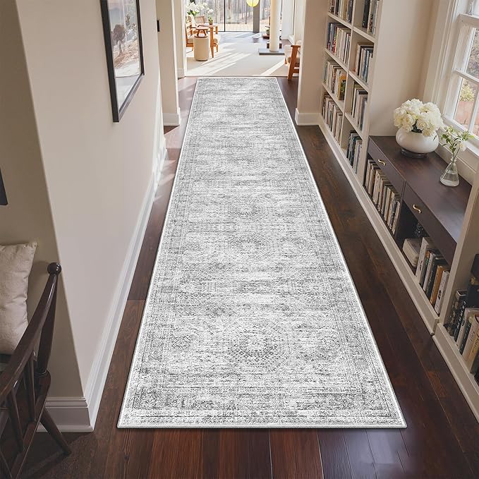 3x12 Runner Rug for Hallway, Non-Slip Long Bathroom Rugs Runner for Kitchen, Bedroom, Soft Vintage Abstract Washable Rug for Entryway, Thin Floor Mat for Dining Room(3'x12', Grey/Ivory)