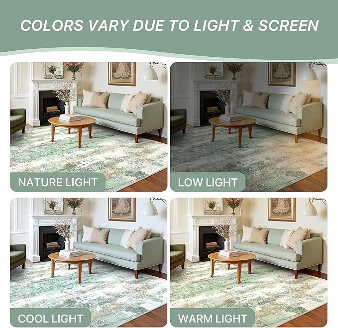 BEIMO Area Rugs 10x14 for Living Room Bedroom, Modern Abstract Machine Washable Large Light Green Rug Soft Rug, Low Pile Floor Carpet with Non Slip Backing for Dining Room