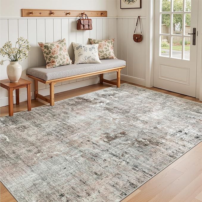 Area Rugs 4x6 for Living Room, Vintage Washable Rugs for Dining Room, Kitchen, Non-Slip Area Rug Pink Grey