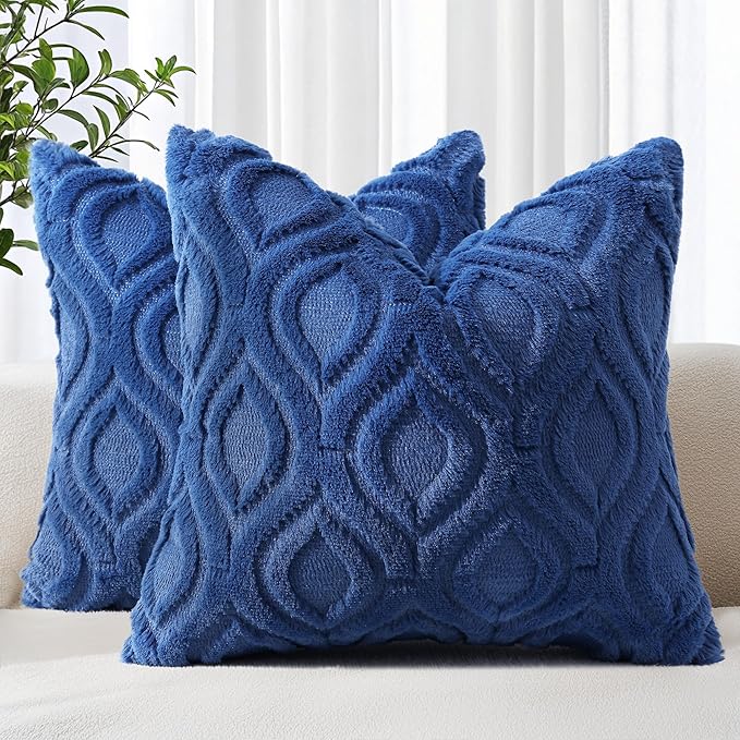 decorUhome Throw Pillow Covers 24x24 Inch Set of 2, Soft Plush Faux Wool Dark Blue Solid Couch Pillow Covers, Accent Euro Sham Farmhouse Neutral Square Pillow Cases for Sofa Bed Living Room