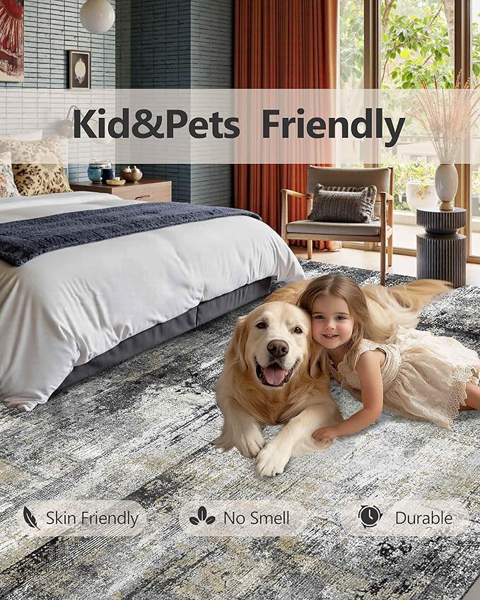Latte&Fog 3x5 Entryway Rug, Vintage Washable Area Rug, Boho Non Slip Low Pile Throw Carpet for Indoor Bedroom Bedside, Kitchen, Entry and Living Room - Black Gold
