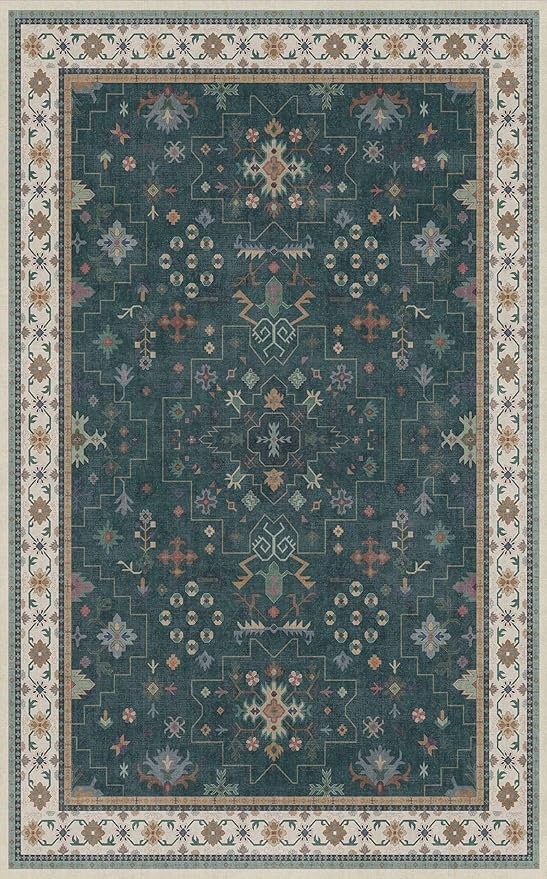 Hazo Haus Dark Green Oushak 5x8 Living Room Rug - Modern Vintage Boho Eclectic Floral Pastel, Washable Low Pile Non-Slip Large Area Rugs for Nursery Dining Under Table Bedroom Lounge
