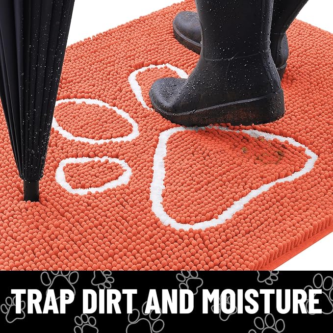 Smiry Dog Door Mat for Muddy Paws, Absorbent Dirt Trapper Non Slip Quick Dry Washable Chenille Mat for Mud Dogs, Entry Rug for Indoor and Outdoor (30x20 Inches, Coral and White)