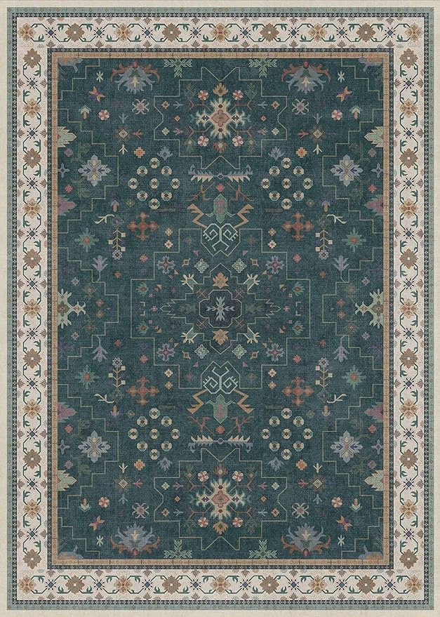 Hazo Haus Dark Green Oushak 5x7 Living Room Rug - Modern Vintage Boho Eclectic Floral Pastel, Washable Low Pile Non-Slip Large Area Rugs for Nursery Dining Under Table Bedroom Lounge
