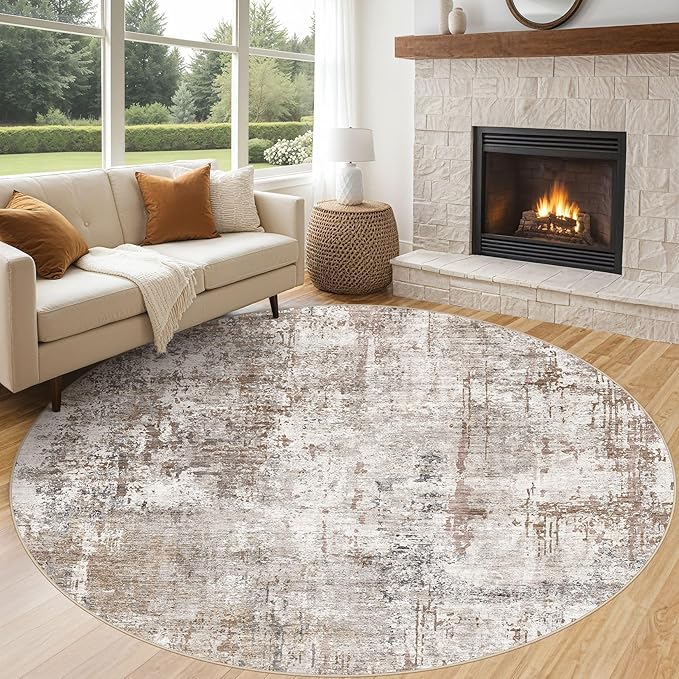 UERMEI 8ft Round Area Rug Living Room Rugs - 8x8 Washable Neutral Modern Abstract Soft Thin Rug Indoor Floor No Slip Rug Carpet for Bedroom Under Dining Table Home Office Decor - Brown/Grey/Red