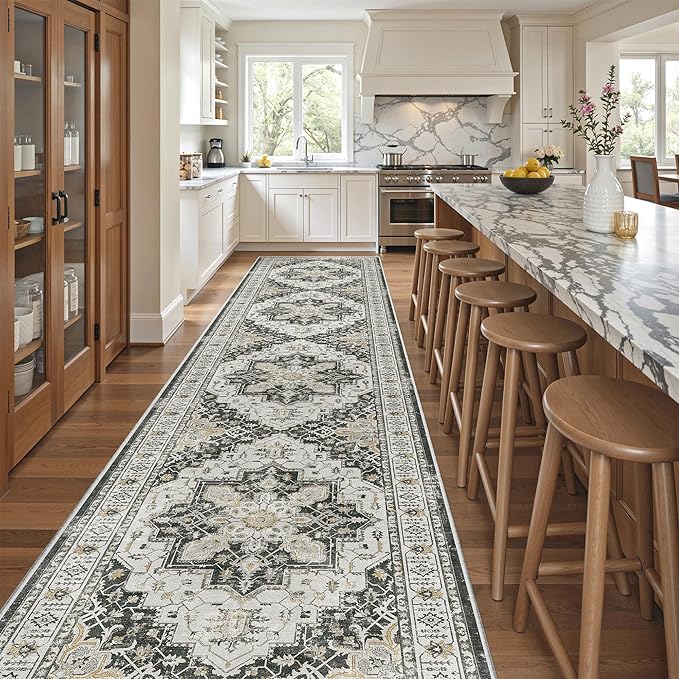 Madane Hallway Runner 3x14 - Runner Rugs 14ft Washable Entryway Rug Vintage Kitchen Runners Non Slip Indoor Area Rug Farmhouse Carpet Runner for Bathroom Living Room Bedroom, Black