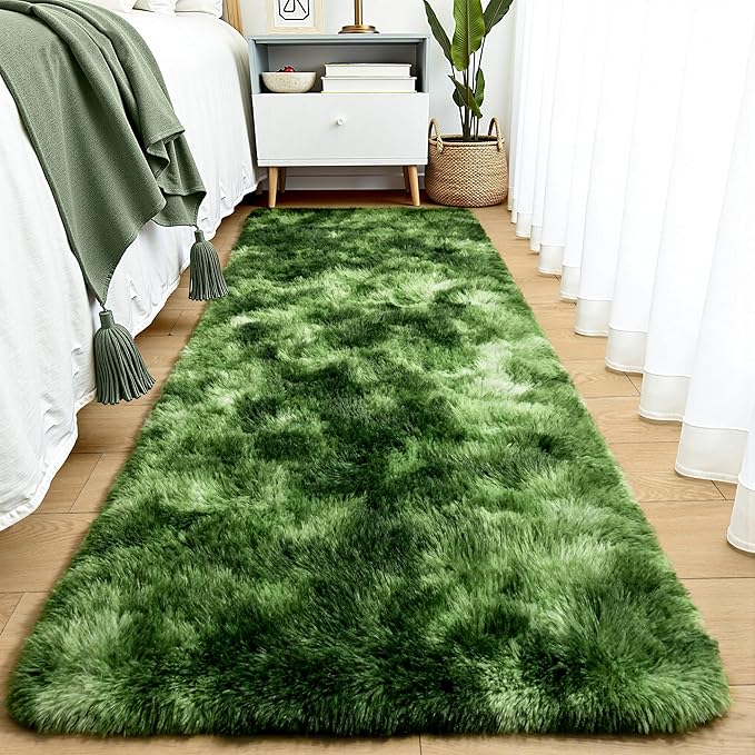 Tepook Soft Runner Rugs for Bedroom 2x6 with Rubber Backing, Tie-Dyed Dark Green Fluffy Rugs for Hallway, Shag Bedside Rug Fuzzy Plush Carpet for Living Room Dorm Nursery Indoor Home Decor