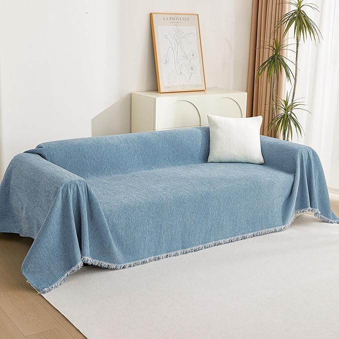MYSKY HOME Couch Cover Sofa Covers, Sectional Couch Covers for 3 Cushion Couch Sofa, Chenille Sofa Slipcovers, Futon Covers, Machine Washable, Soft Furniture Protector for Kid, 91" x 134", Blue
