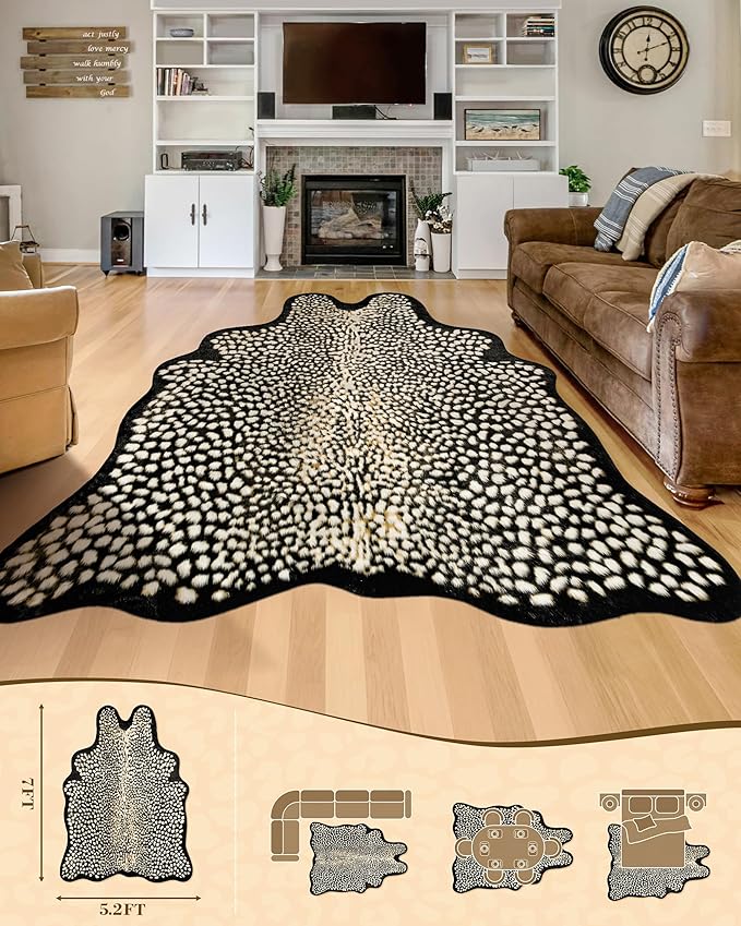 Leopard Print Rug for Living Room, Cheetah Rug 5.2x7 Faux Animal Print Skin Cheetah Area Rug for Bedroom Nursery Animal Fur Hide Irregular Shaped Rustic Antelope Black