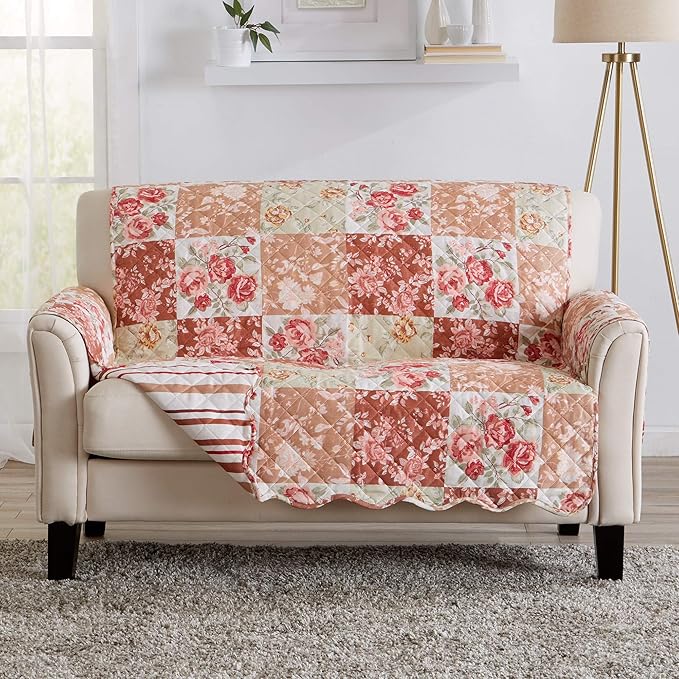 Great Bay Home Reversible Floral Patchwork Loveseat Furniture Protector - Machine Washable, Scalloped Edge, Stain Resistant, Printed Furniture Cover for Dogs, Kids, and Pets (Burgundy/Taupe)