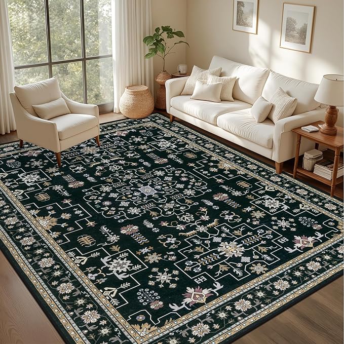 Area Rugs 10x12 Living Room Rug: Washable Rug Soft Vintage Boho Medallion Carpet Indoor Floor Non-Slip Stain Resistant Large Carpets for Bedroom Dining Room Farmhouse Nursery Home Office Black