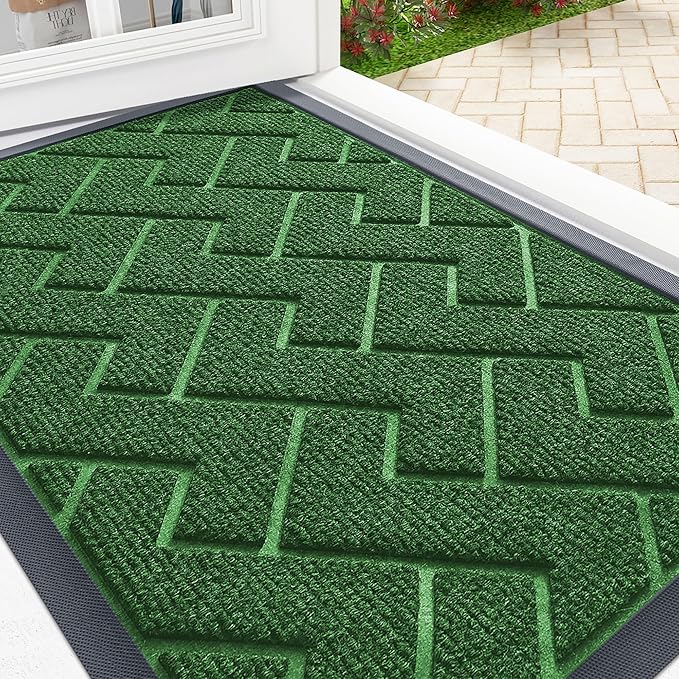 OLANLY Front Door Mat Indoor Outdoor Entrance, Waterproof All-Season, All-Weather Doormat, Sturdy Natural Rubber, Low Profile, Easy Clean Patio Porch Entryway Mat, Herringbone Brick (Green, 35x23)