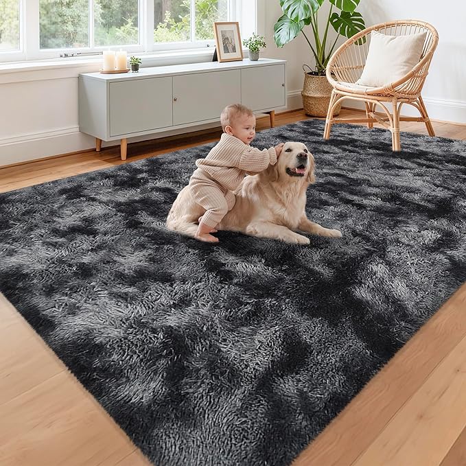 Black Grey Tie-Dyed Rug for Living Room 6x9 Fluffy Area Rug Mat Bedside Throw Rug for Bedroom Kids Room Boys Teens Nursery Baby Dorm Office Home Decor Aesthetic Carpets