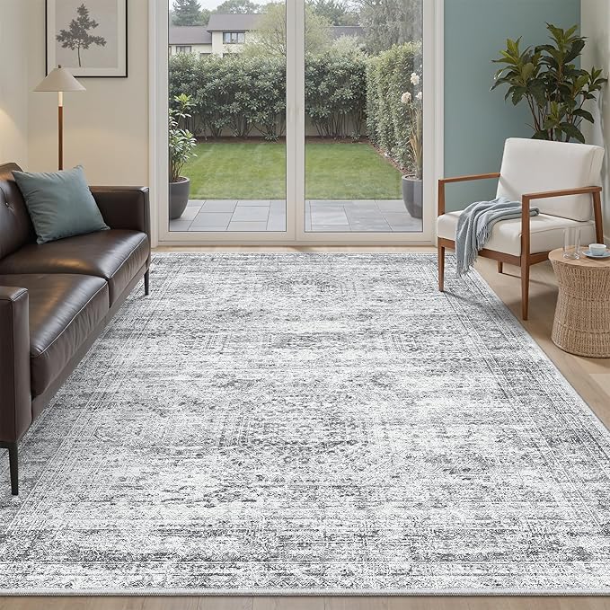 5x7 Area Rugs Gray Low Pile Indoor Washable Trendy Faded Style Rugs for Bedroom Living Room Dining Room Foldable Non-Slip Thin Grey Print Mat