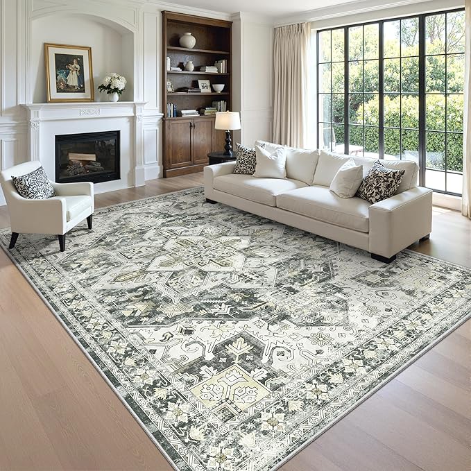 zesthome 9x12 Area Rugs,Stain Resistant Washable Rug,Ultra-Thin Rugs for Living Room,Bedroom,Non-Slip Backing Home Decor Large Area Rug (Grey/Beige,9'x12')