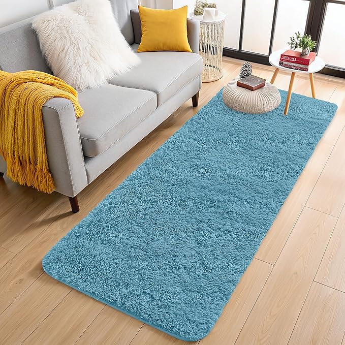 OLANLY 2x4 Machine Washable Runner Rugs for Hallway, Soft Fluffy Shaggy Bedside Rugs for Bedroom, Living Room, Indoor Floor Carpet for Kids Girls and Boys, Home Decor Aesthetic, Slate Blue