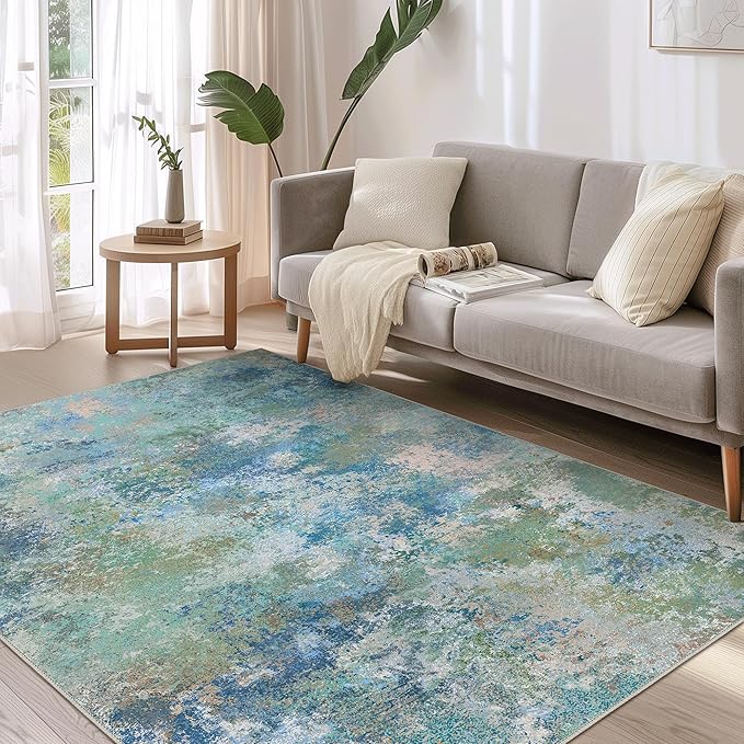 Area Rugs 5x7 for Living Room Bedroom, Modern Abstract Machine Washable Rug, Large Soft Low Pile Floor Carpet with Non Slip Backing for Dining Room, Blue Green
