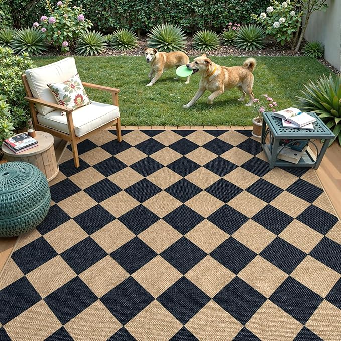 Lahome Colette Checkered Easy Jute Outdoor Rug, Large 6x9 Rug for Living Room Checkerboard Indoor Outdoor Carpet, Farmhouse Patio Office Mat Geometric Non Slip Black Carpet for Backyard Dining Room