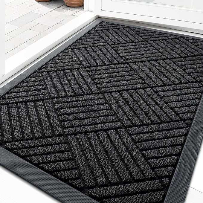 OLANLY Front Door Mat Outside Entrance 35x23, Absorbent, Heavy Duty Sturdy Natural Rubber Doormat Indoor Outdoor, Stain and Fade Resistant, Non-Slip Low Profile Floor Mat for Entryway, Black Diamond