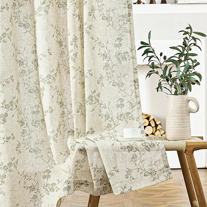 Lazzzy 90 inch Long Curtain for Bedroom Green Floral Linen Drapes for Living Room Farmhouse Country Vintage Light Filtering Curtains Rod Pocket Back Tab, 2 Panels, Green on Beige
