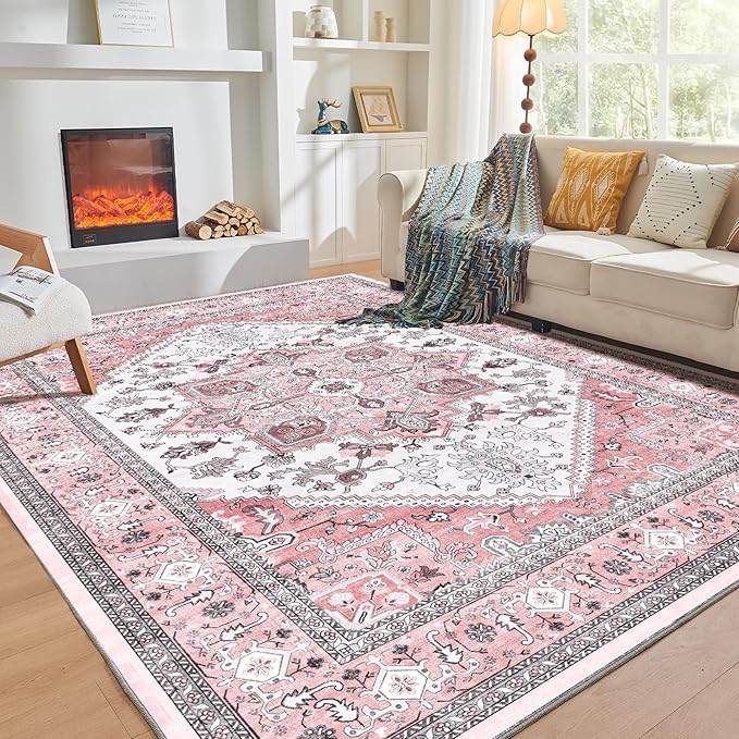 OPPODREAM Soft Area Rugs 4x6, Low-Pile Washable Rugs 4x6 with Non Slip Backing, Faux Cashmere 4 x 6 Throw Carpet, Pink & Cream