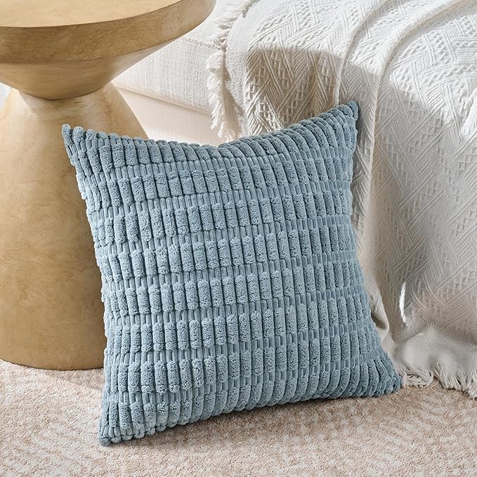Fancy Homi 4 Packs Boho Light Blue Decorative Throw Pillow Covers 26x26 Inch for Couch Bed Sofa, Rustic Modern Farmhouse Home Decor, Soft Plush Corduroy Cute Square Cushion Case 66x66 cm