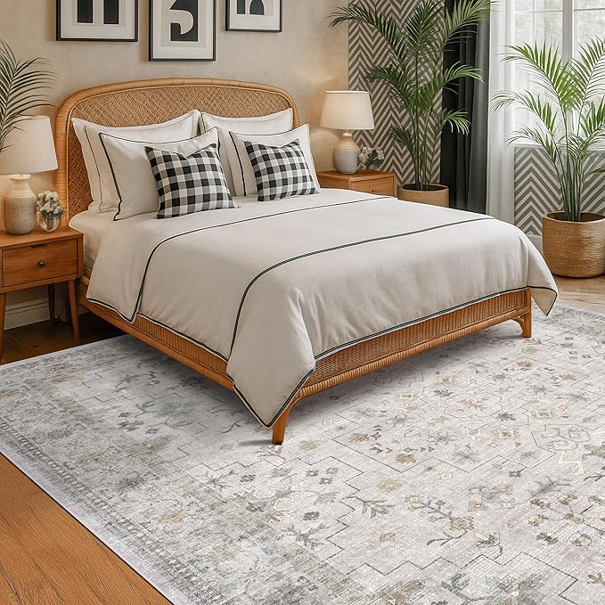 Hazo Haus Boho Light Grey Living Room Rug 7x10 - Modern Vintage Eclectic Floral Pastel Neutral Taupe, Washable Low Pile Non-Slip Large Area Rugs for Dining Under Table Bedroom Lounge