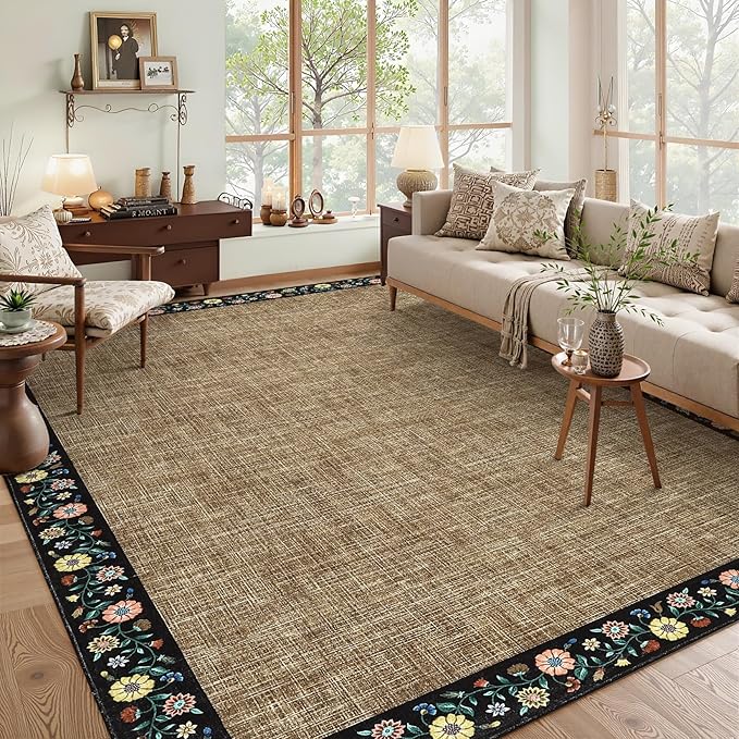 GarveeHome Washable Living Room Rug 9x12 Floral Bordered Area Rugs Soft Thin Indoor Carpet for Bedroom Modern Throw Aesthetic Mat Non Slip Stain Resistant Carpet for Dining Room Office, Brown