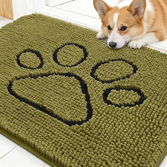 OLANLY Dog Door Mat for Muddy Paws 30x20, Paw Print Design, Absorbs Moisture and Dirt, Non-Slip Washable Doormat, Quick Dry Chenille Mud Mat for Dogs, Entry Indoor Entryway Carpet, Willow Green