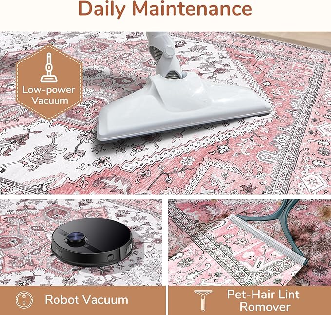 OPPODREAM Soft 6x9 Area Rugs, Washable Rug 6x9 with Non Slip Backing, Faux Cashmere Low-Pile 6 x 9 Carpet, Pink & Cream