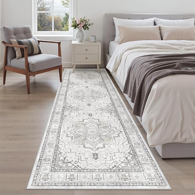 Madane Runner Rug 2'6''x8' Kitchen Runner, Hallway Runner Printed Vintage Rug 2.5x8ft Washable Rugs Soft Non-Slip Low Pile Runners for Hallways Laundry Room Rug, Grey