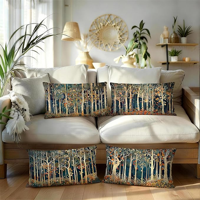 Rustic William Morris Inspired Forest Decor Pillow Covers 12x20 Set of 4,Vintage Botanical Nature Landscape Decorative Throw Pillow Covers for Home Bedroom Living Room,Fall Home Room Decor