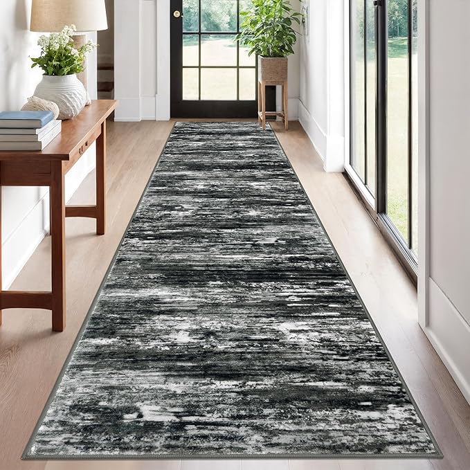 KOZYFLY Modern Abstract Washable Rug Runner 2.6x12 Hallway Rug Runner Non-Slip Soft Kitchen Runner Rugs, Black Grey Striped Carpet for Entryway Bathroom Laundry Room Foyer