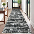 KOZYFLY Modern Abstract Washable Rug Runner 2.6x12 Hallway Rug Runner Non-Slip Soft Kitchen Runner Rugs, Black Grey Striped Carpet for Entryway Bathroom Laundry Room Foyer