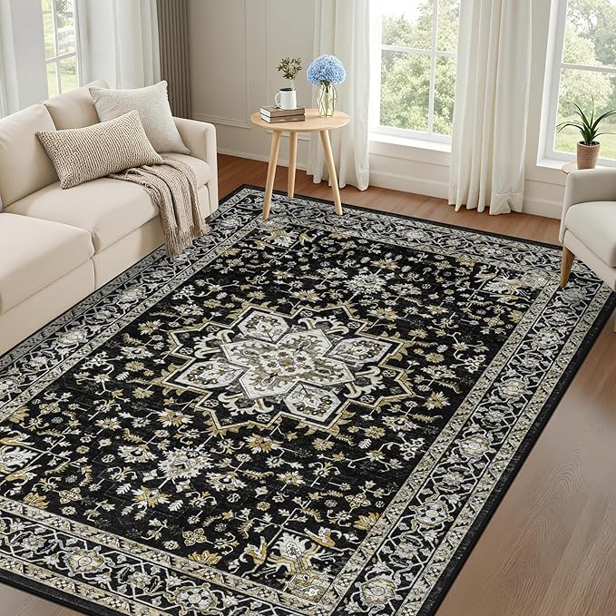 4x6 Area Rugs for Living Room: Washable Rug Soft Vintage Boho Medallion Carpet Indoor Non-Slip Stain Resistant Large Carpets for Bedroom Dining Room Farmhouse Nursery Home Office Black Gold